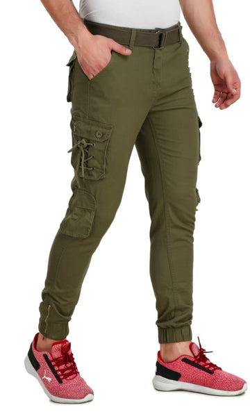 Stylish Green Cotton Solid Cargos For Men